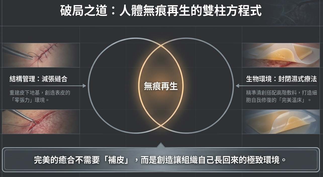 無痕再生的雙柱方程式：減張縫合與封閉濕式療法