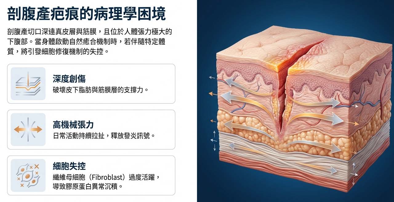 剖腹產疤痕的病理學困境：深度創傷、高機械張力與細胞失控