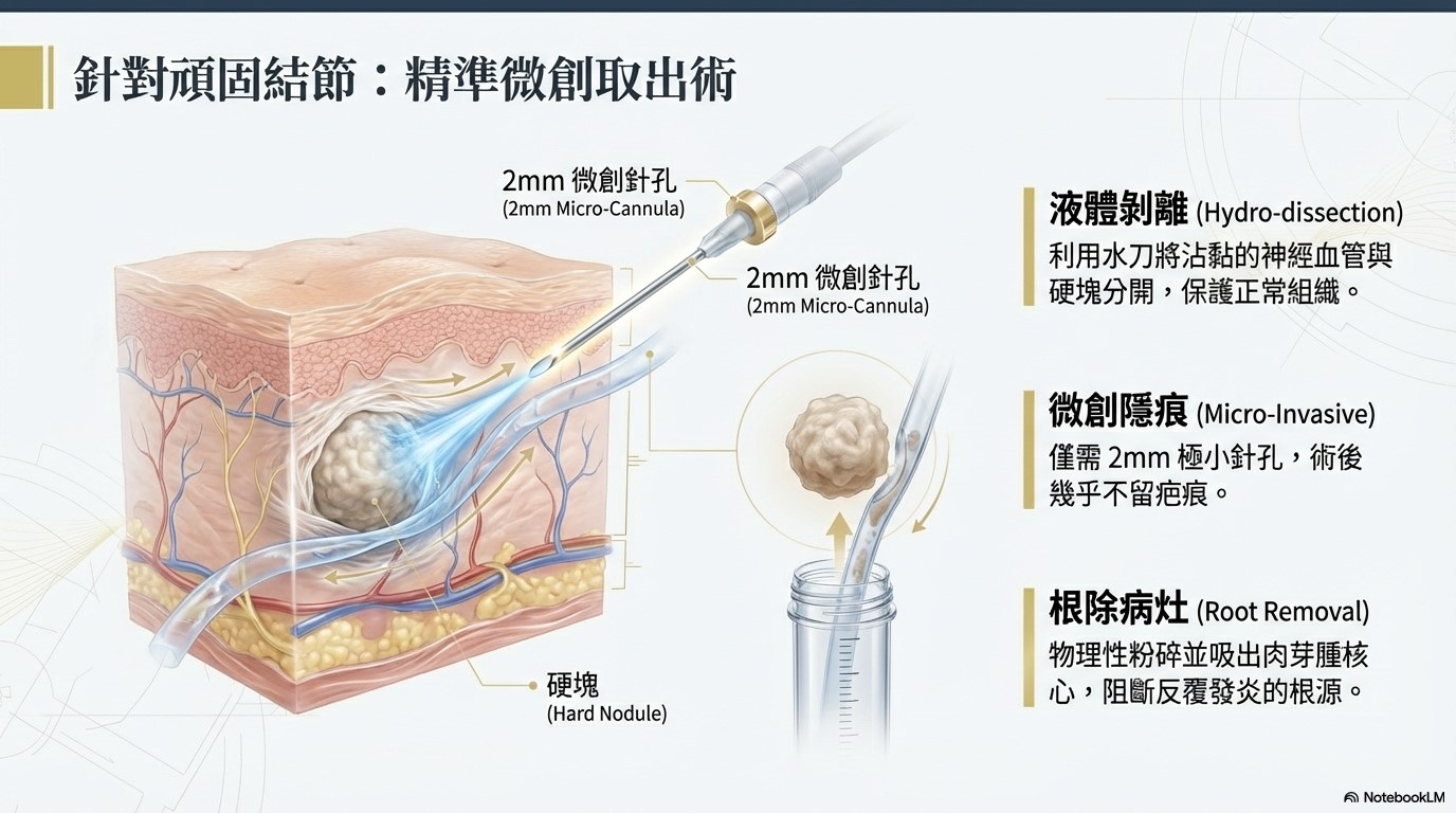 精準微清創手術過程與傷口示意圖