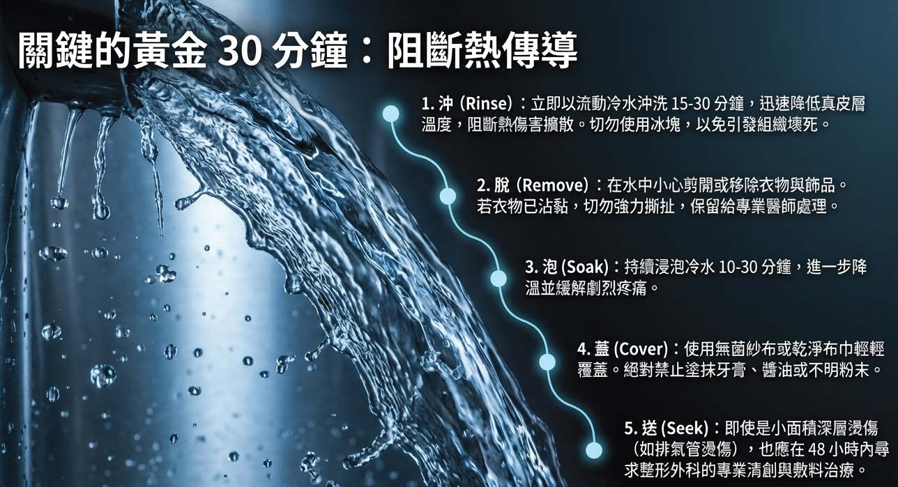 燒燙傷急救沖脫泡蓋送關鍵30分鐘圖解